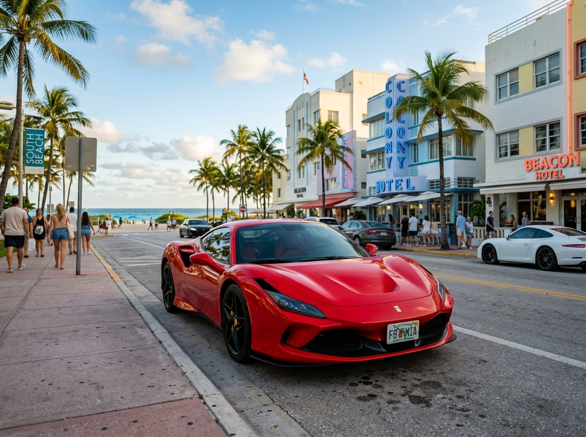 2024 Ferrari F8 Tributo red parked on South Beach Miami Ocean Drive
