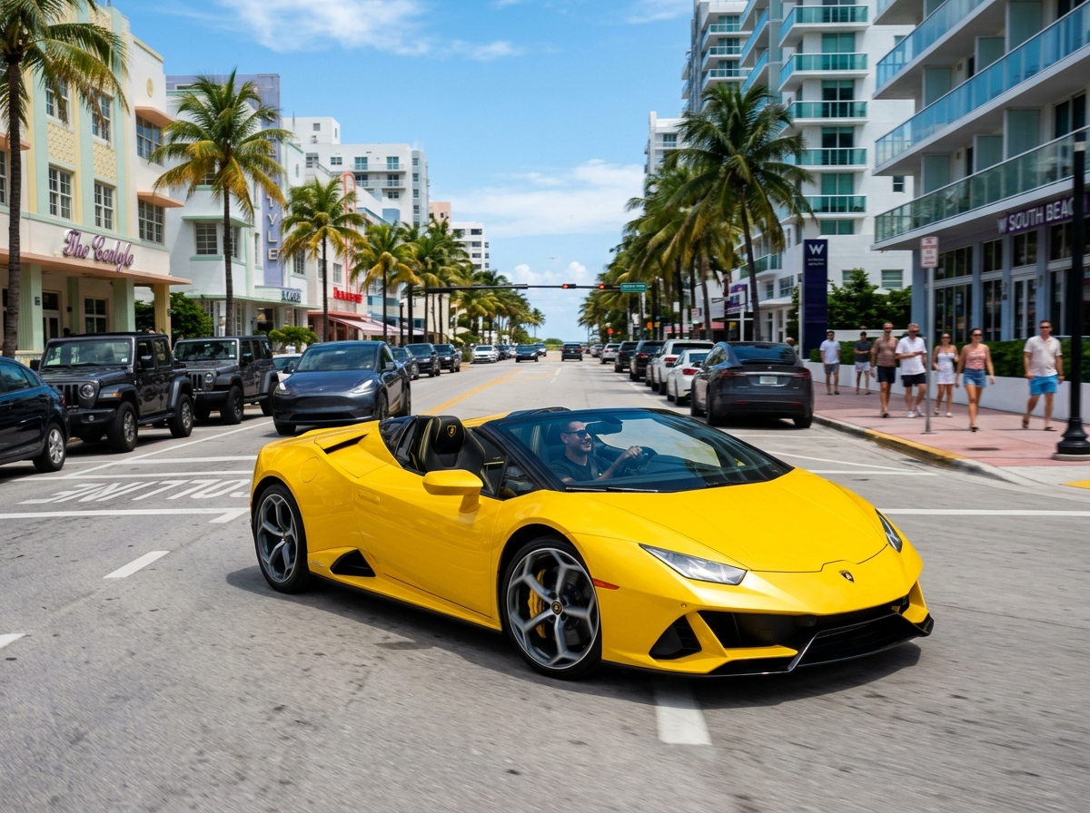 2023 Lamborghini Huracan EVO Spyder yellow convertible driving on Collins Avenue Miami