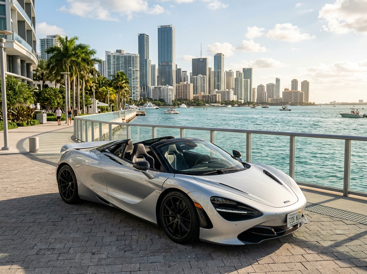 2021 McLaren 720S Spider silver open top parked on Brickell waterfront Miami