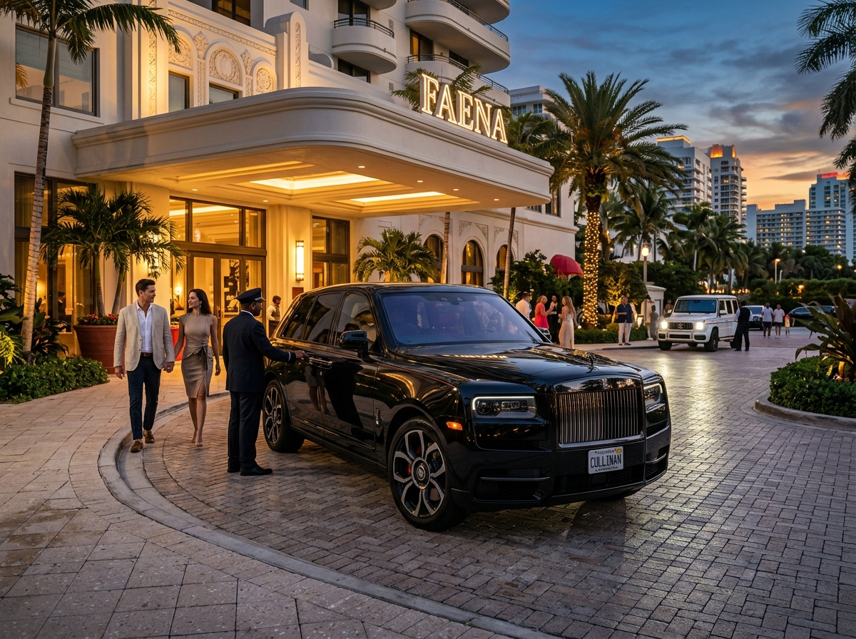 2022 Rolls-Royce Cullinan Black Badge midnight black SUV in front of Miami luxury hotel