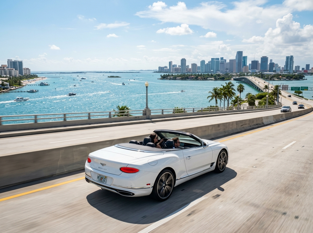 2022 Bentley Continental GT Convertible white driving on Venetian Causeway Miami with ocean view