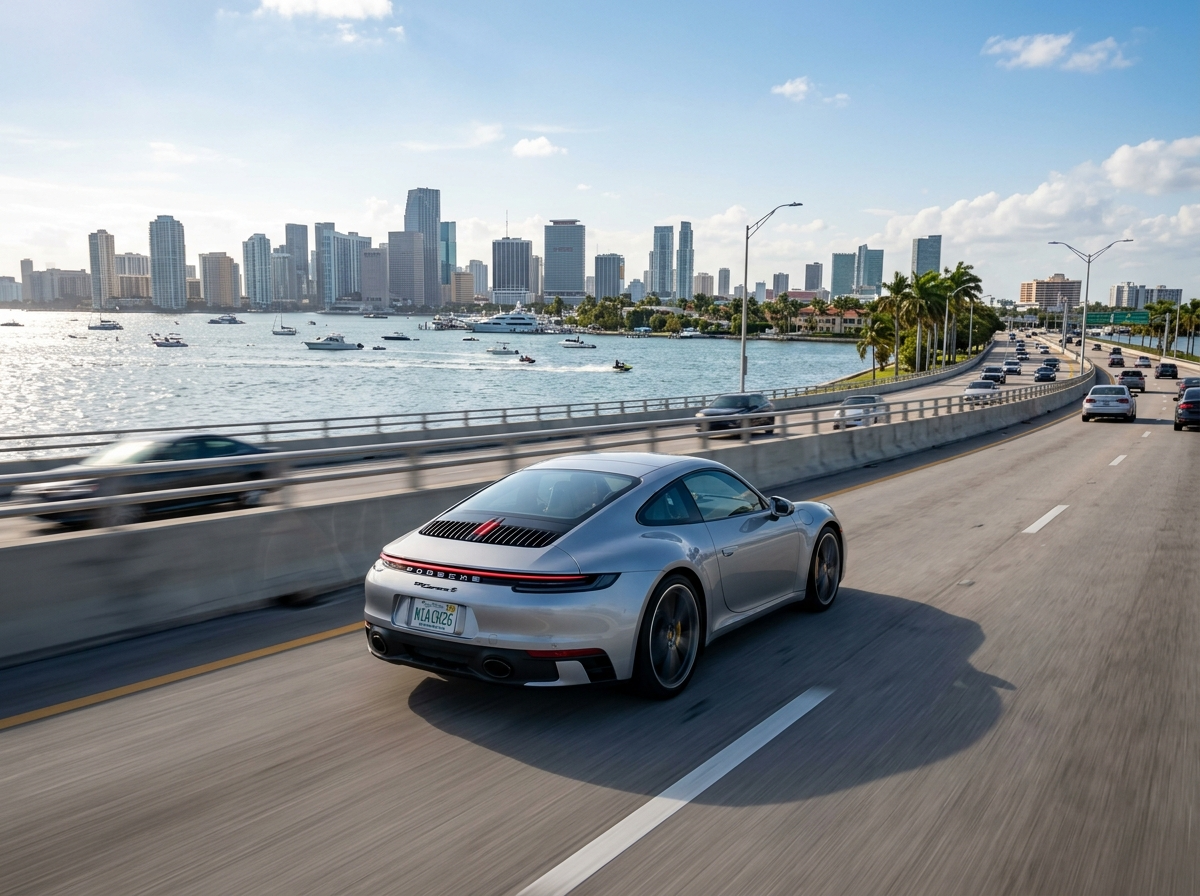2026 Porsche 911 Carrera S silver on Rickenbacker Causeway Miami with Biscayne Bay background