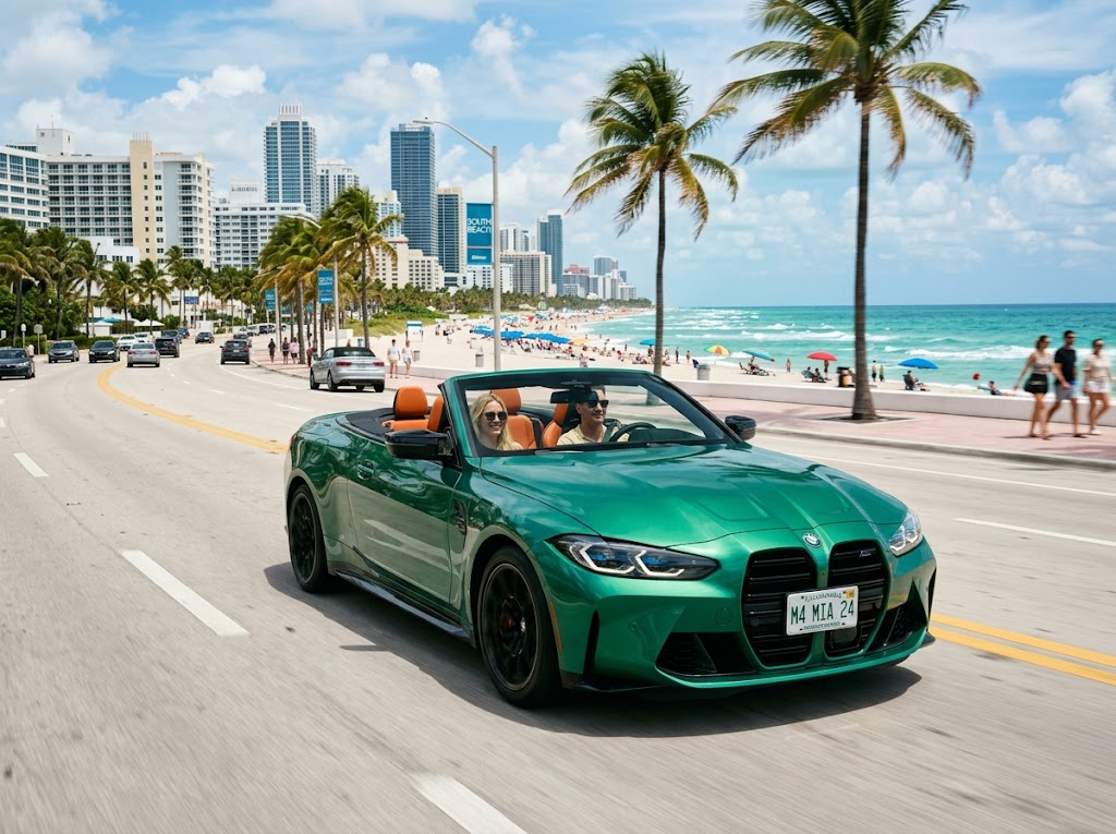2024 BMW M4 Competition Convertible green metallic open top driving along Miami coast